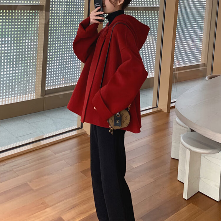 勤記雙面呢大衣女雙面呢斗篷高級羊絨新中式連帽雙面羊絨大衣短款羊毛 紅色-斗篷大衣 S
