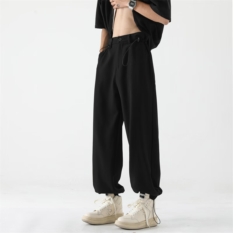 白尾港大码春装现货港风抽绳束脚裤男垂感休闲裤宽松大码裤子 黑色 m