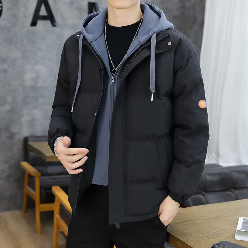 卡柏奇假两件棉服男冬季加厚保暖袄子面包服新款连帽外套 黑色 M
