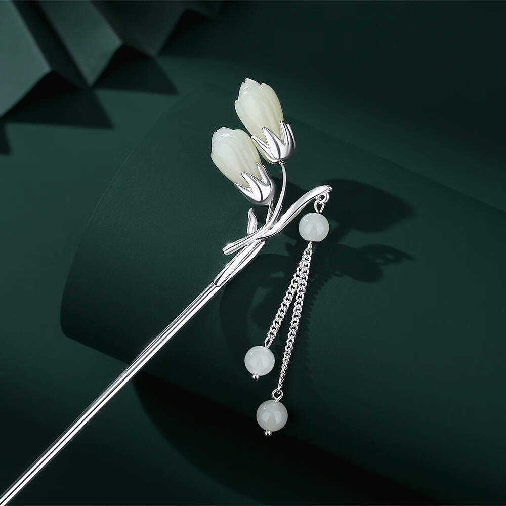 梦君宸s925银和田玉玉兰花朵珍珠流苏发簪古风现代简约国潮新中式簪子