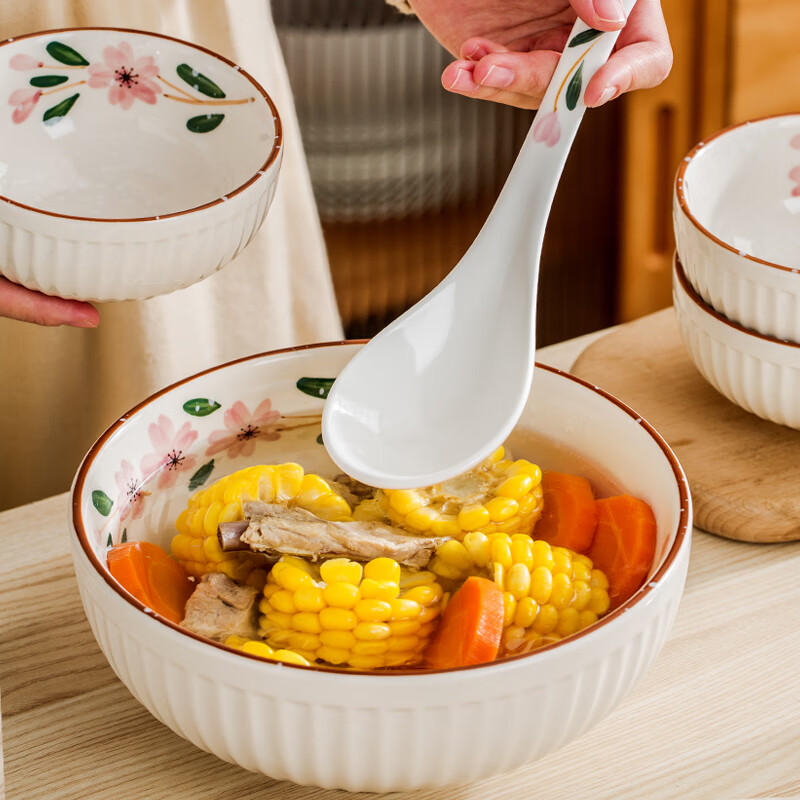 多美然 日式樱花家用陶瓷勺子吃饭勺稀饭勺汤勺饭铲大汤瓷勺粥勺长柄