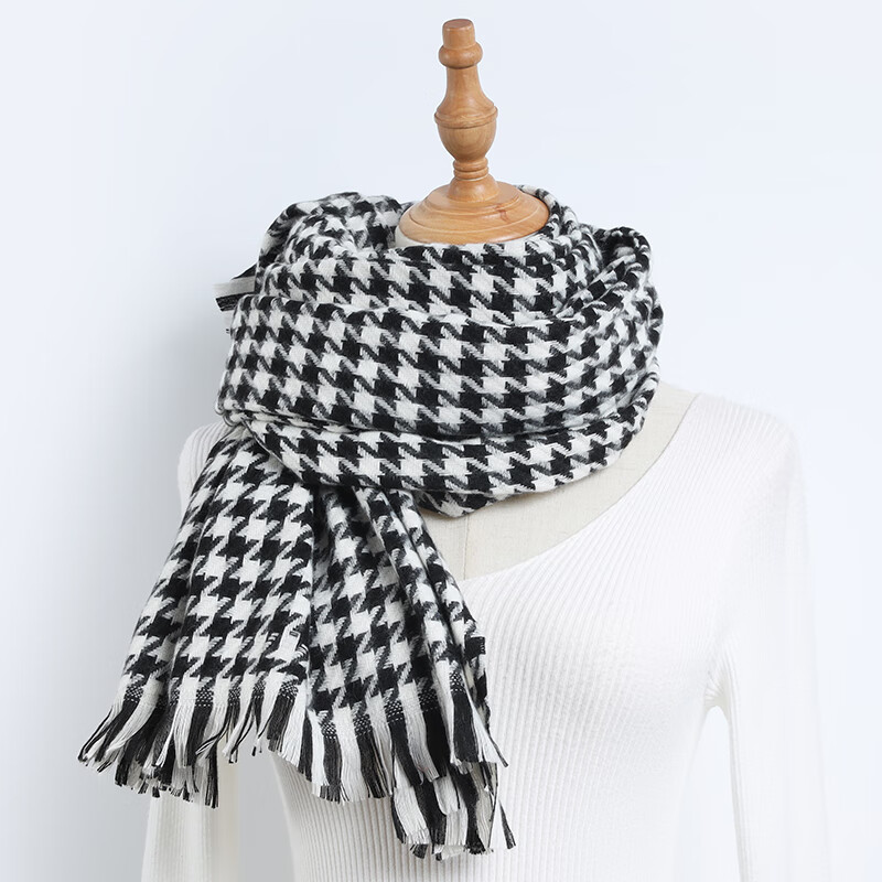 达芬奇密码围巾女春秋季学生欧美风保暖围脖情侣男女格子披肩 经典千鸟格 黑白