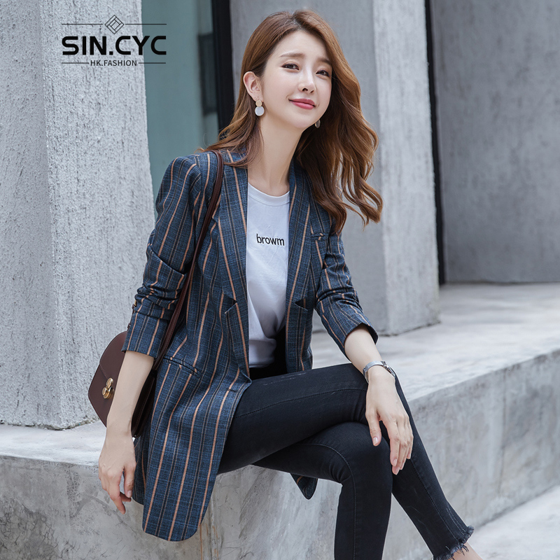 SIN.CYC 原创设计师品牌女装 小西装外套女2020新款春秋季英伦时尚气质条纹中长款休闲西服宽松 蓝条纹 L