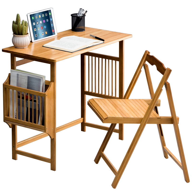 淘之良品 简易家用学习桌书桌写字桌椅套装小学生家用课桌简易电脑桌实木书桌楠竹简易书桌学生学习桌子 套装【带侧架】原色-学习桌60长+折叠椅*加大桌面