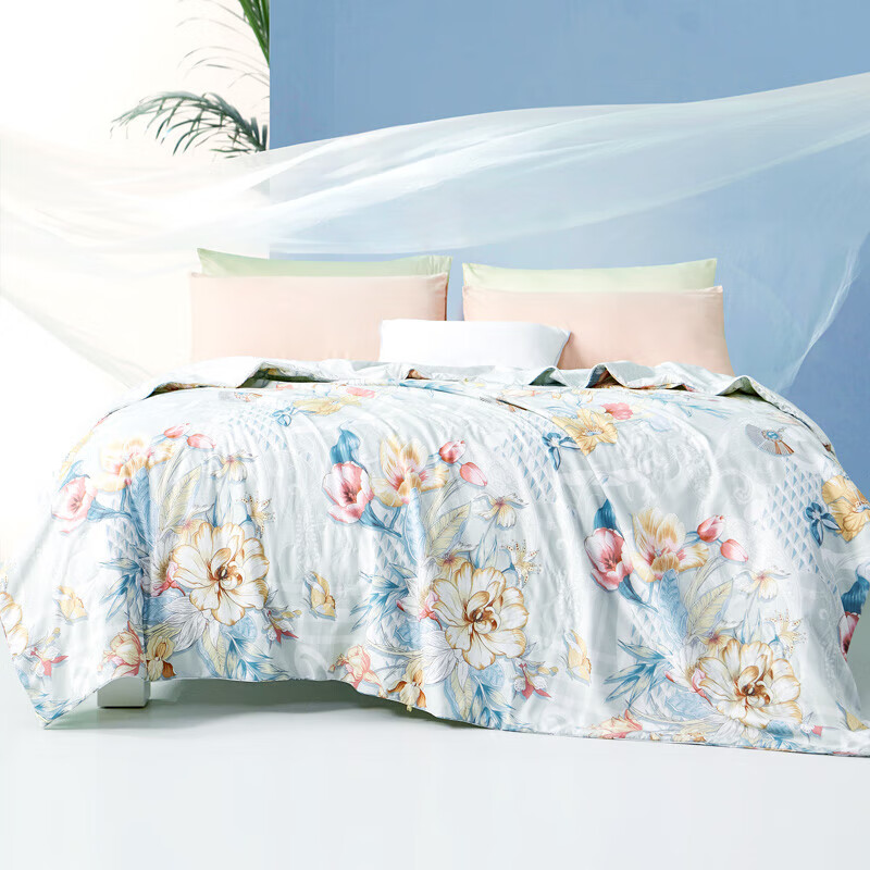 富安娜 玉茗春 100%蚕丝被 印花空调被 夏凉被 3斤 230*229cm 绿