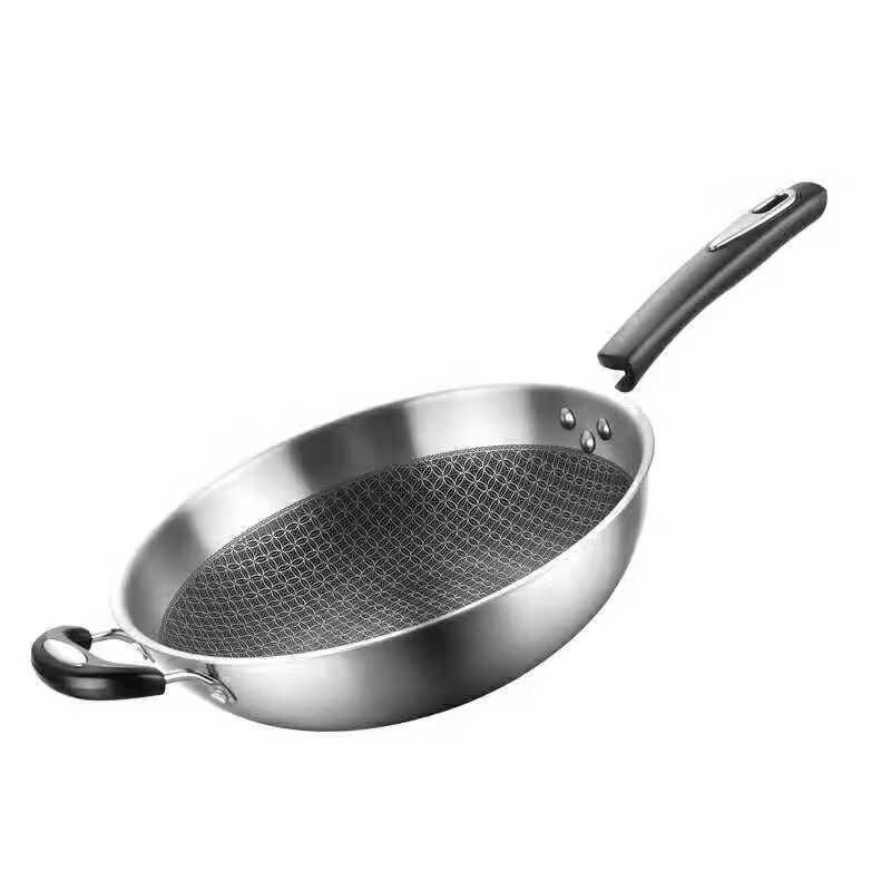 304不锈钢炒锅不粘锅无油烟无涂层平底电磁炉燃气锅具 32cm单锅【送钢