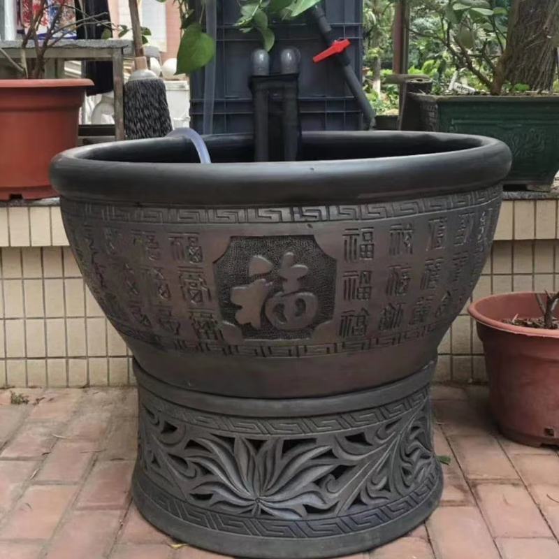 拾喜猫老北京鱼盆庭院老式古法陶瓷水养金鱼泥瓦缸客厅超大黑陶百福