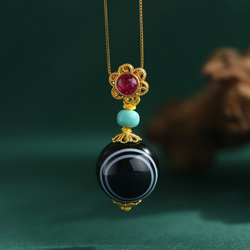 樱优保价布达拉宫金缠丝玛瑙吊坠项链男藏式民族风天珠颈链锁骨链 金