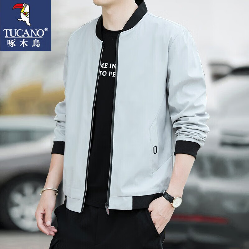 啄木鸟夹克男外套上衣男士春秋季薄款新款纯色中青年棒球服 浅灰 XL -(125斤-140斤)