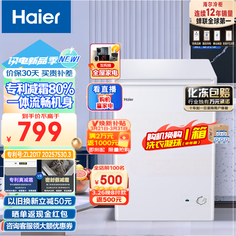 海尔（Haier）100升低霜小冰柜家用商用 冷藏柜冷冻柜两用冰柜小型租房用小冰箱小型冷柜BC/BD-100GHD 以旧换新