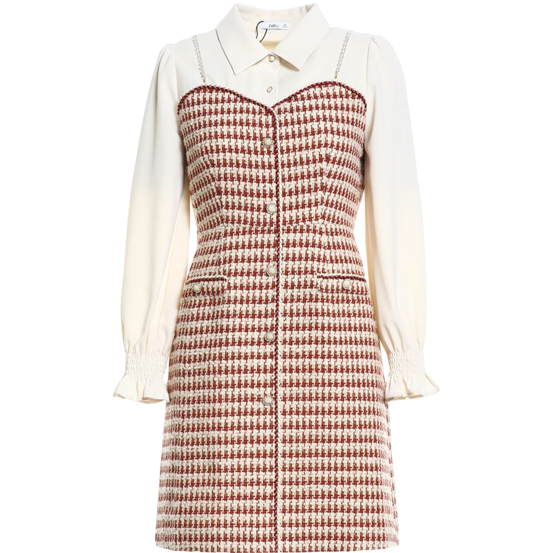 百图betu百图女装冬季新款连衣裙小香风假两件连衣裙女2212T26 红色 M