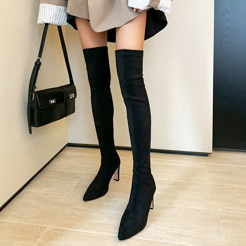 明星款过膝靴女高跟长筒靴弹力靴2021秋冬新款麂皮绒加绒尖头长靴大腿