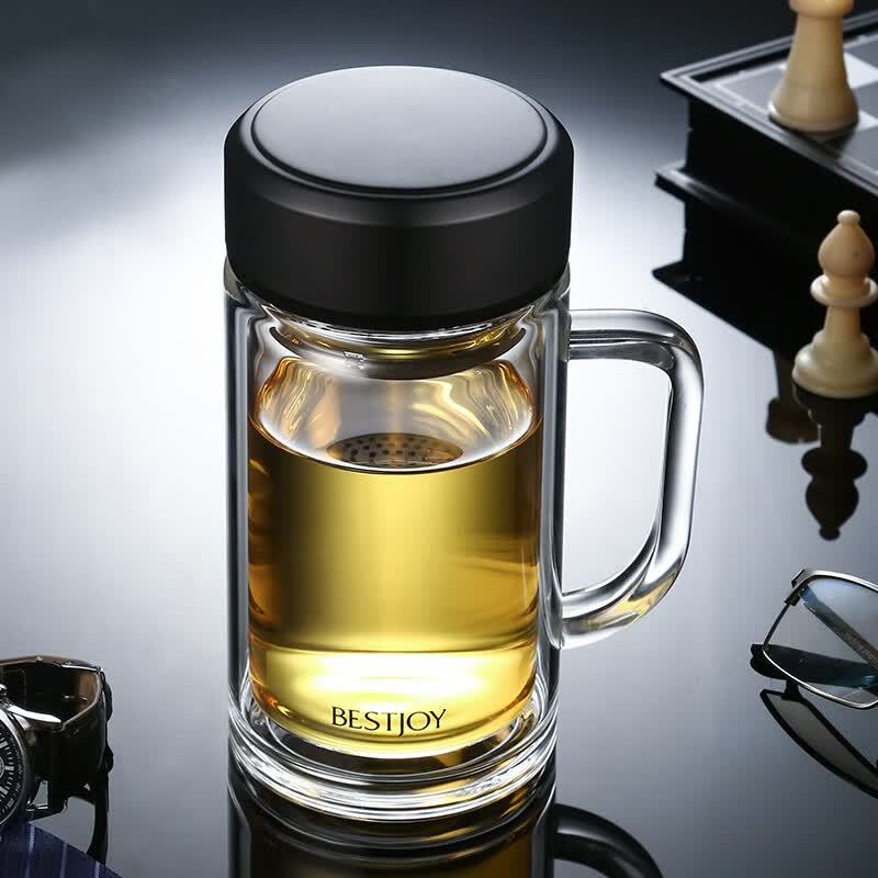 富光 拾喜双层玻璃杯男女办公商务水杯 耐热防烫杯带手柄带滤网大容量泡茶杯子 520ml黑色高性价比高么？