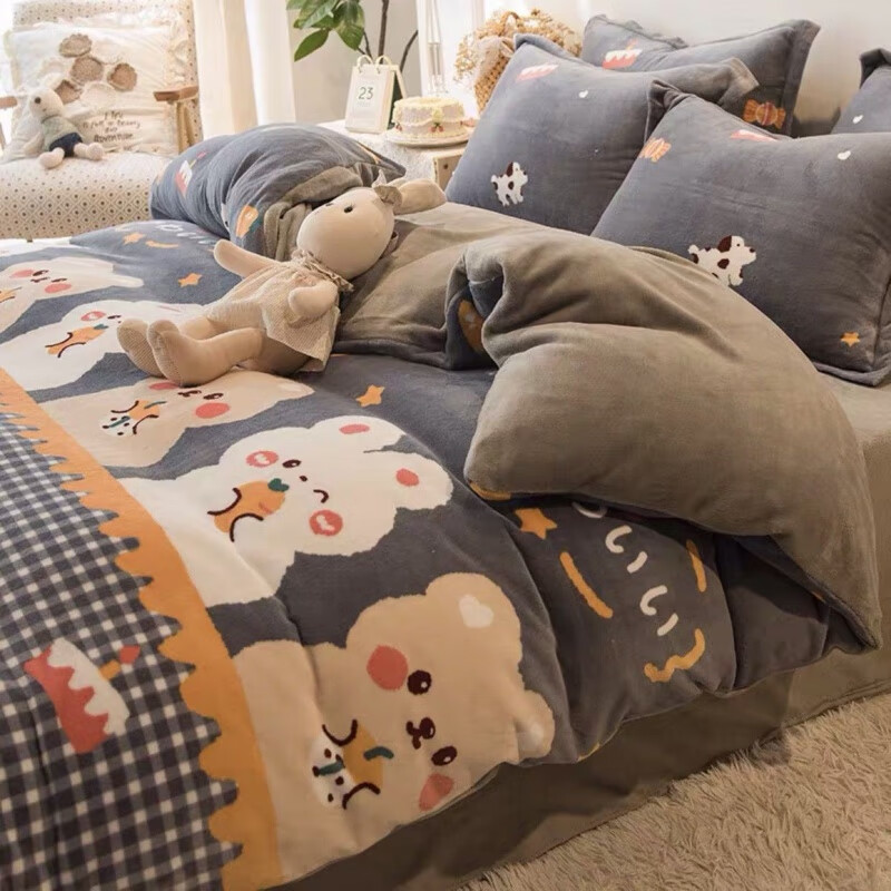 约巢同款牛奶绒床上四件套秋冬季双面珊瑚绒床单三件套法兰绒被套 可爱熊兔【加厚牛奶绒】 1.8m四件套被套200x230