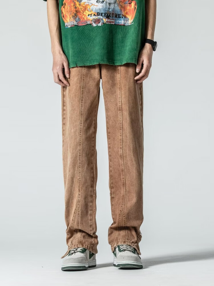 奇骏狗牛仔裤男春秋款复古高街潮牌阔腿宽松直筒裤国潮美式裤子棕色 m