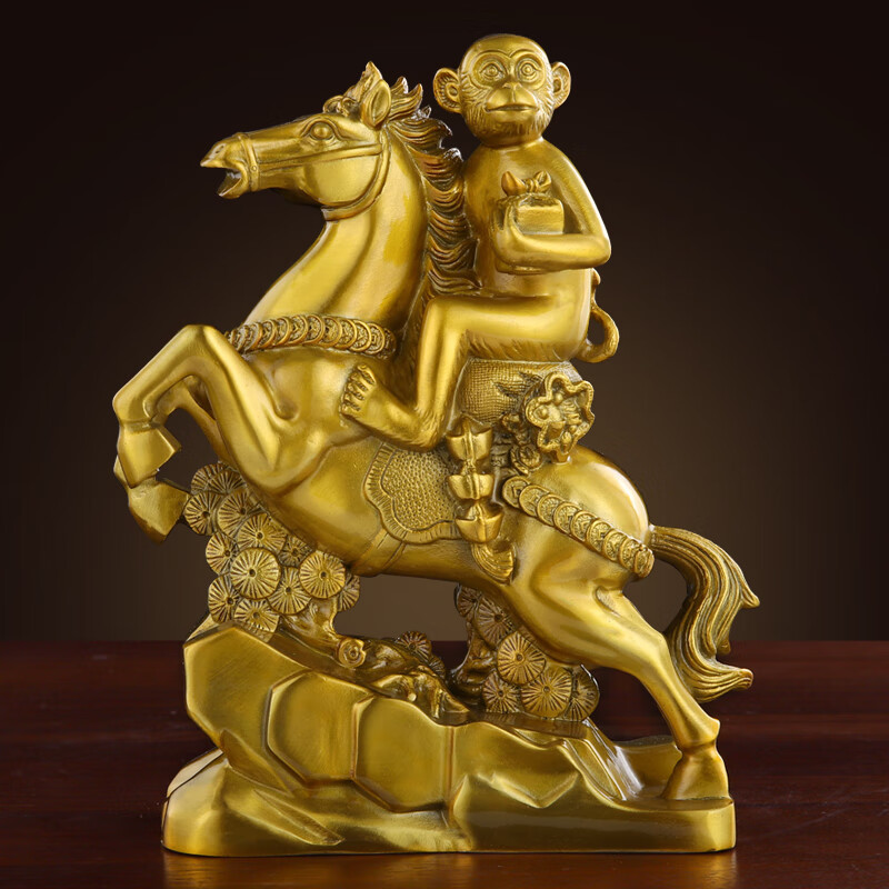 翰鸥斐纯黄铜马上封侯摆件全铜马猴子黄铜十二生肖猴马到成功客厅铜马