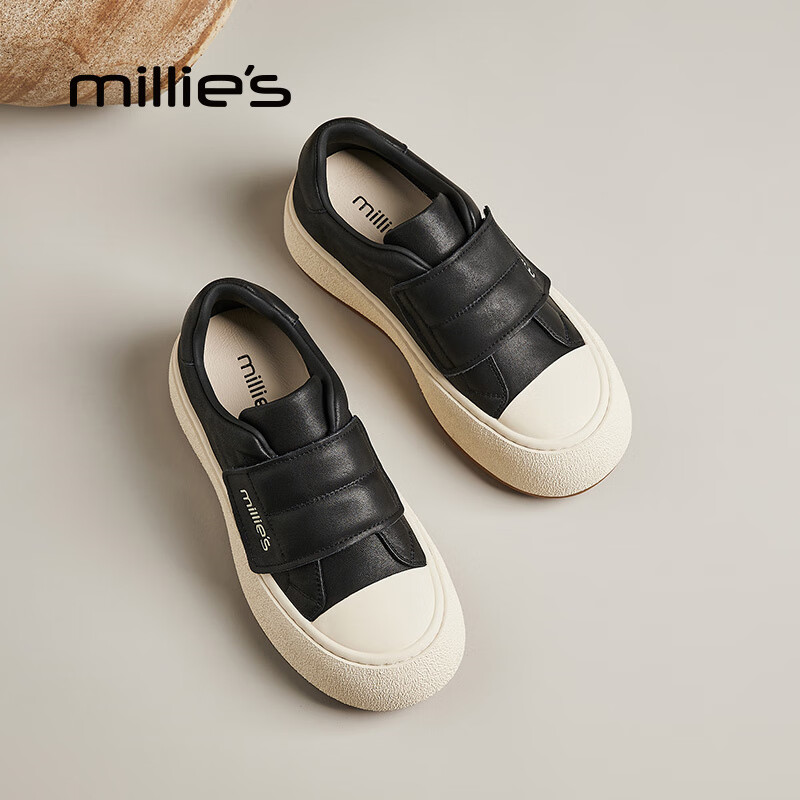 妙丽板鞋女厚底魔术贴浅口小白鞋2025春季新款时尚休闲百搭 黑色 36 (230mm) 标准码