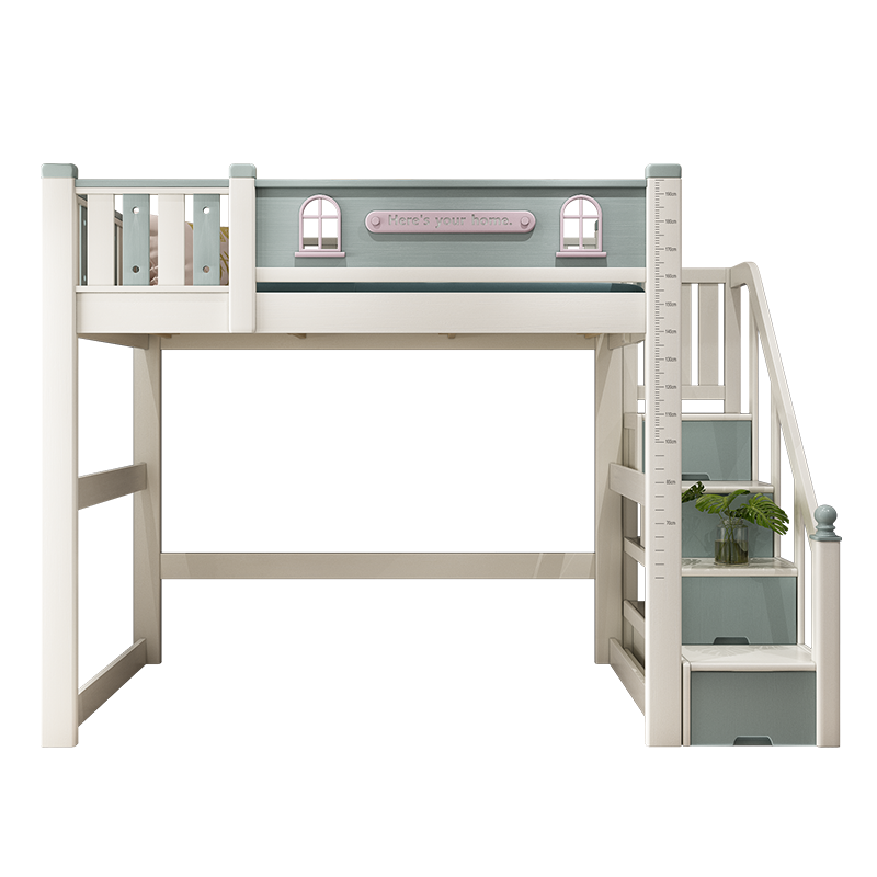 优漫佳 儿童床全实木 交错式上下床铺下桌成人错层床高低床双层床学生床带书桌床水性漆 主床架+柜梯 上铺床架内径 1.2*2米