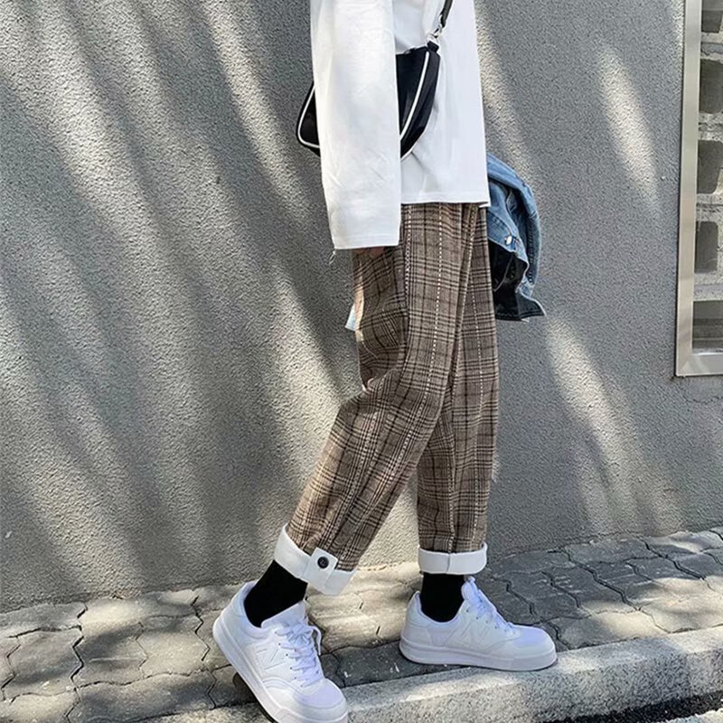 ujxw 高中生大学生裤子男秋冬加绒加厚2022秋冬季格子裤子男韩版潮流