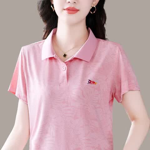 语缦翻领短袖t恤女冰丝时尚洋气夏季新款中年妈上衣女士休闲T恤polo衫 23343灰蓝 5XL 体重150-160斤