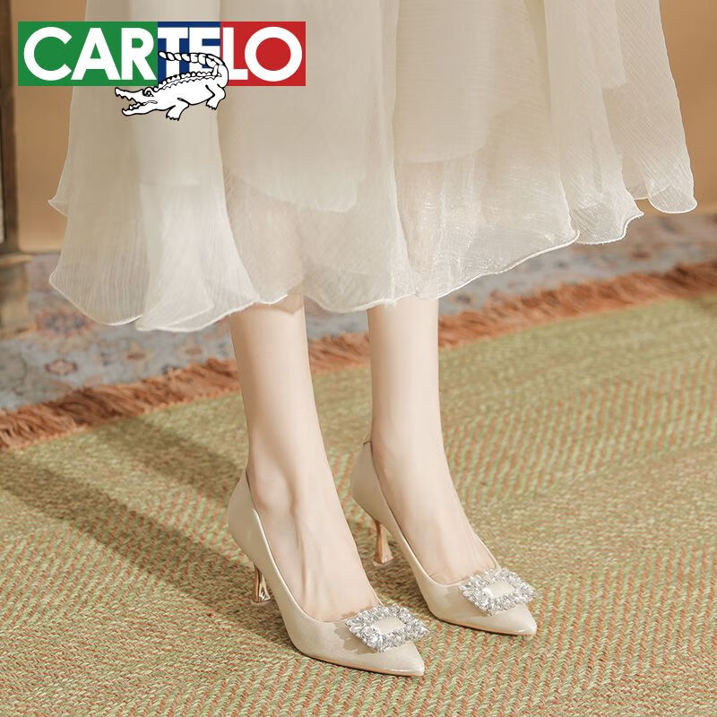 卡帝乐鳄鱼 CARTELO 高跟鞋女新娘婚鞋尖头宴会鞋 KCC-2022-5 杏色(7cm) 35 