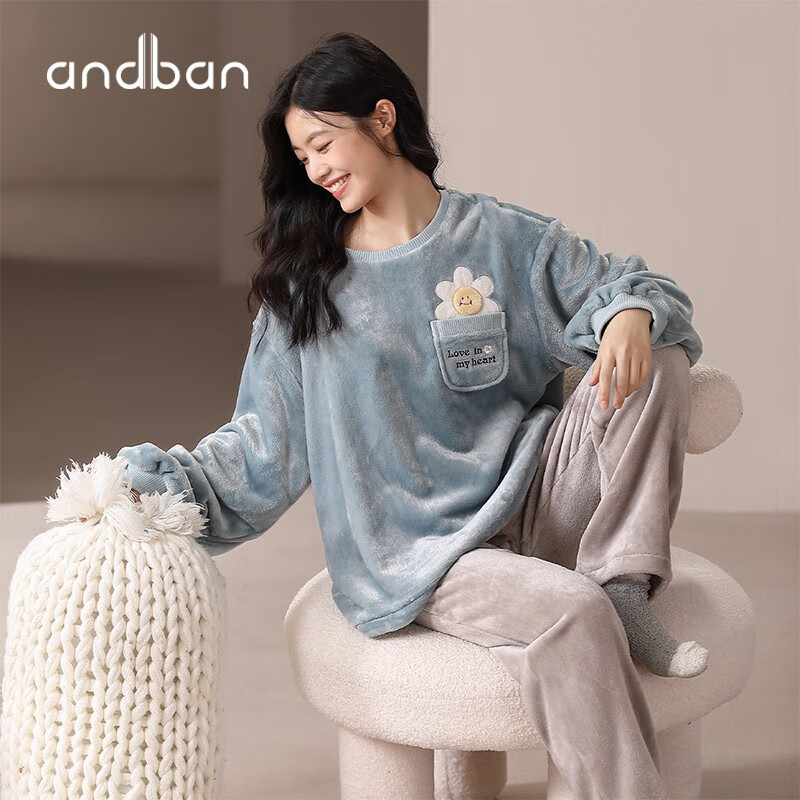 安之伴睡衣女晚秋冬法兰绒保暖厚款圆领可爱小花可外穿女士家居服套装 冰兰 XL