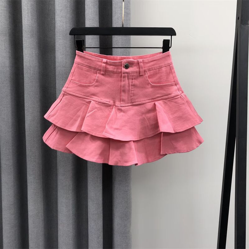 妃趣猫辣妹牛仔半身裙夏季高腰a字荷叶边包臀裙粉色减龄牛仔短裙女