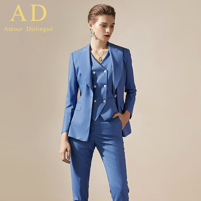 ad春秋高端时尚女总裁蓝色西装套装气质洋气戗驳领西服商务正装套裤