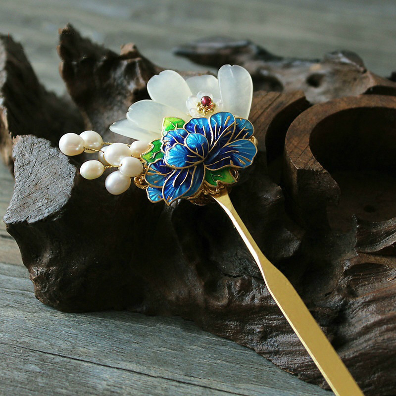 复古典发簪 烧蓝景泰蓝珍珠岫玉扁簪杆子汉服头饰 手工制作