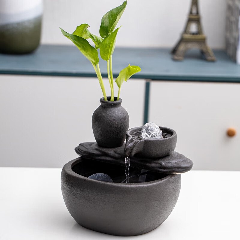 摆件循环水小型鱼缸喷泉办公室桌面吧台招财礼品 财源滚滚(黑色款)