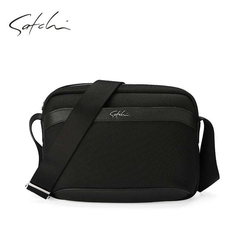 satchi沙驰男包经典休闲大容量布包单肩斜挎小方包 黑色