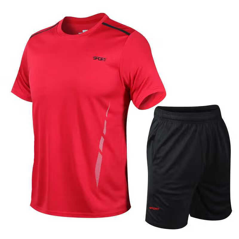 运动套装男夏季健身短袖T恤男士速干衣服跑步宽松休闲运动服大码 红色 XL