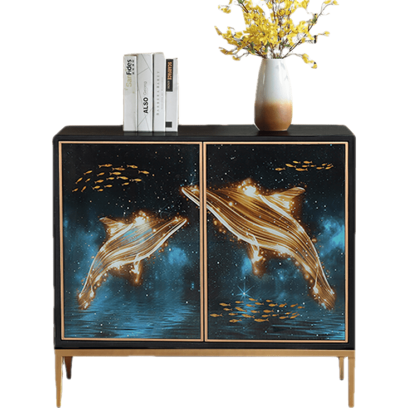 初岛 美式彩绘玄关鞋柜新中式轻奢风入户隔断柜装饰柜客厅大容量餐边柜 两门尊贵碧江鱼100*40*90 整装