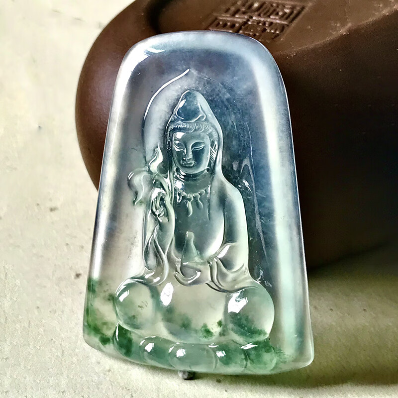 逸之璟天然缅甸老坑a货玉石雕刻冰种飘花观音菩萨吊坠男 飘花