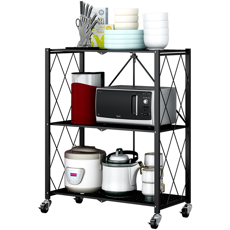 亚思特 免安装折叠置物架厨房落地可移动收纳货架客厅家用储物架微波炉架子多层阳台卧室卫生间杂 可折叠 折叠款三层[长71宽36高87cm]黑色