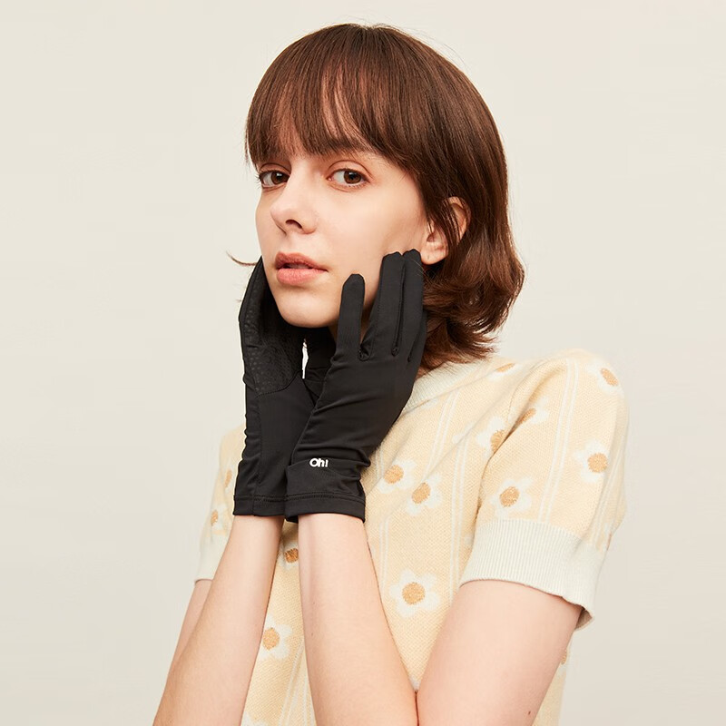 OhSunny防晒手套女款夏季防紫外线防滑短款开车骑行手套 暗夜黑