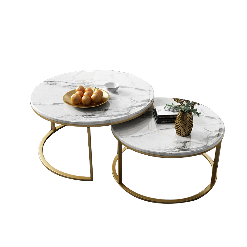 奥左 小圆形茶几现代简约北欧可伸缩迷你轻奢大理石岩板家用极简小户型茶桌子客厅家具 中花白茶几【镀金框架】 【进口大理石桌面+金属脚底框】