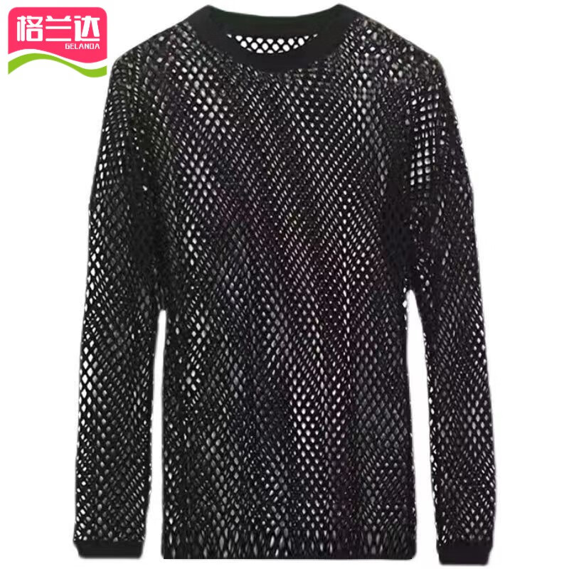 格兰达三亚旅游衣服男透视镂空网眼长袖个性t恤舞台服装网格男装渔网