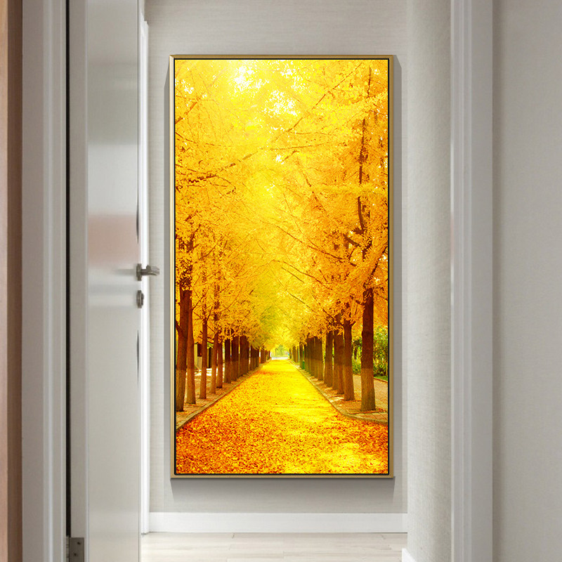 玄关装饰画欧式竖版晶瓷黄金满地壁画鹿走廊过道墙面挂画 黄金大道-a