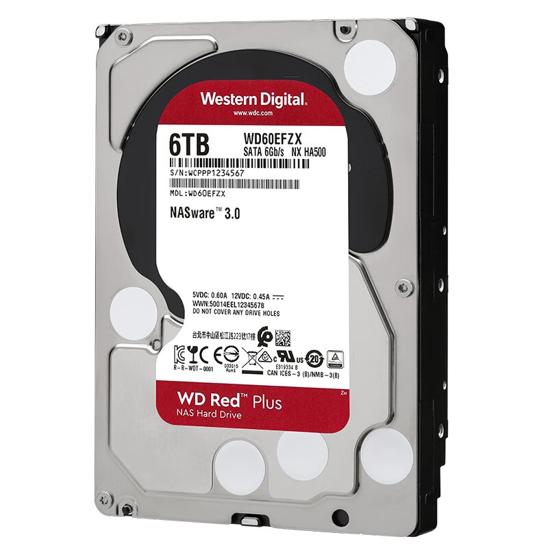 西部数据(WD)红盘Plus  6TB SATA6Gb/s 128M 网络储存(NAS)硬盘 垂直式 (WD60EFZX)