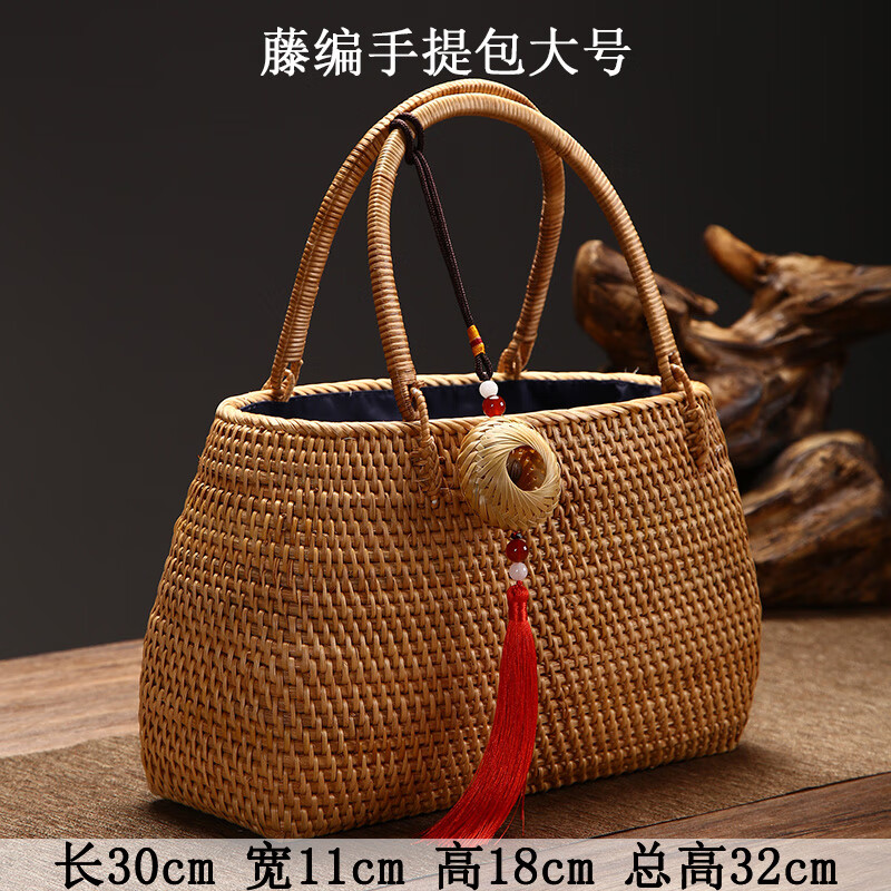 翰鷗斐秋藤手工編織包女士手提包復(fù)古水桶包斜挎包帶內(nèi)襯草編包 藤編包橢圓大號掛件