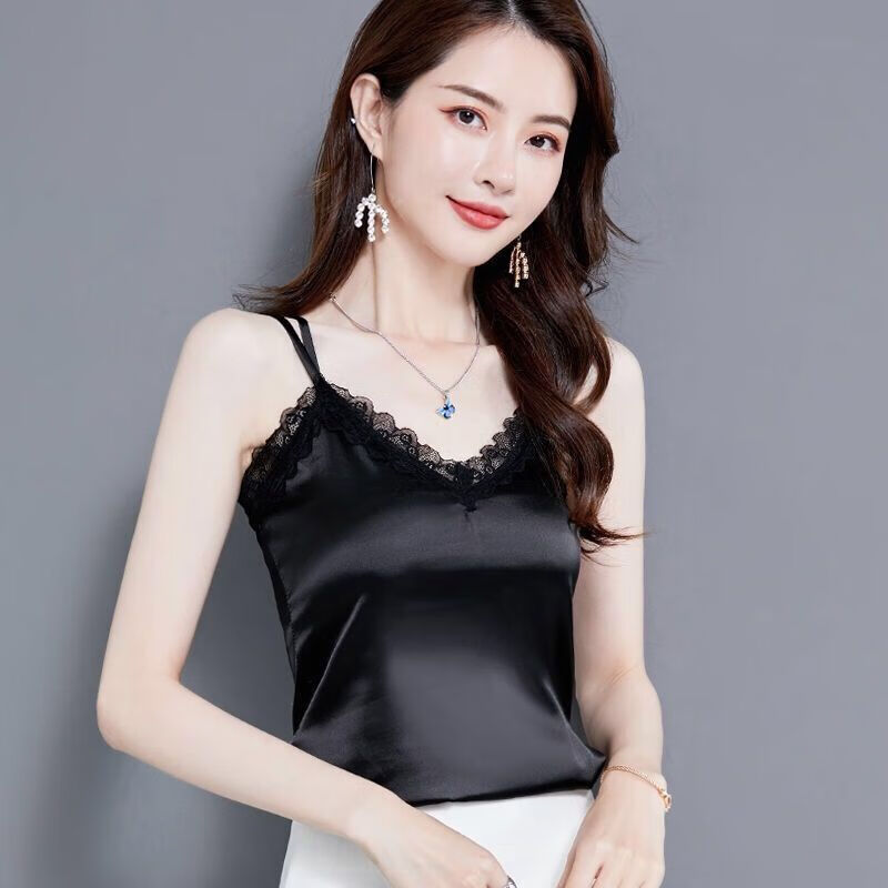 春夏黑色蕾丝仿真丝吊带小背心女显瘦外穿内搭无袖打底衫上衣 黑色