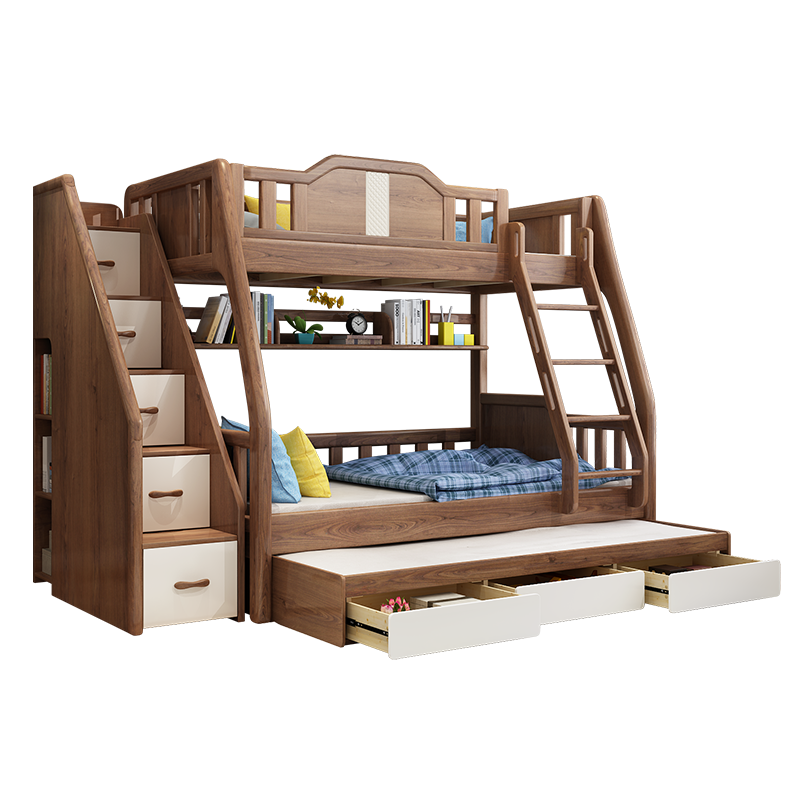 优漫佳 儿童床上下床白蜡木双层床高低床安全弧儿童家具北欧 水性漆 仅高低床全实木 含书架 a811 下铺1.35*1.9米