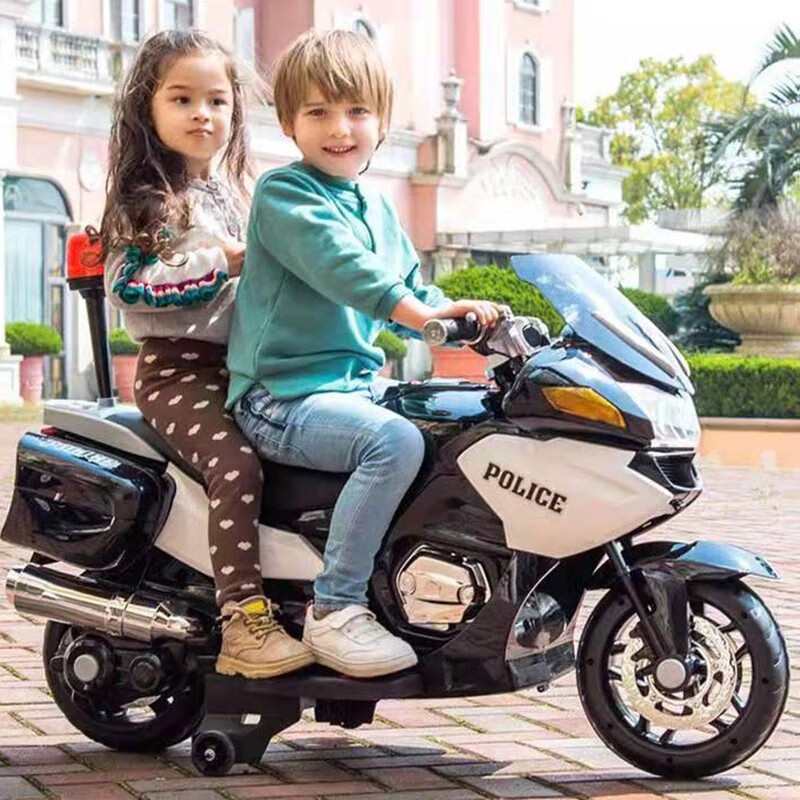 孩智堡儿童电动摩托车可坐双人四轮男女宝宝小孩玩具电瓶摩托车充电警车 无极变速警灯皮坐椅喊话器白色 12V大电瓶