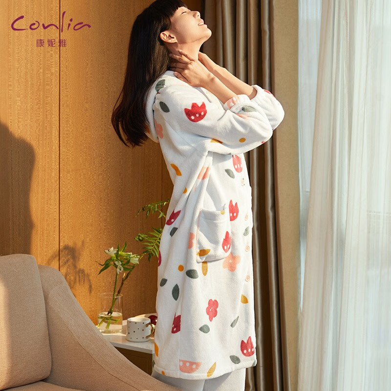 【冬装】康妮雅 睡衣女秋冬新品珊瑚绒保暖家居服加厚长款连帽两件