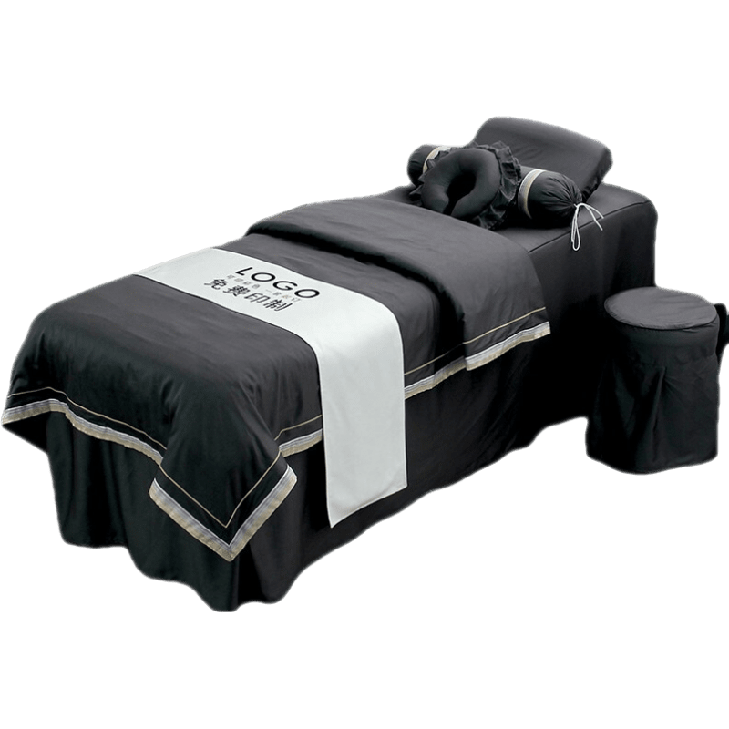 60纯棉美容床罩四件套全棉美容院专用白色按摩床套轻奢印LOGO飞飞 戴安娜-灰色 方头190*80五件套(送被芯)