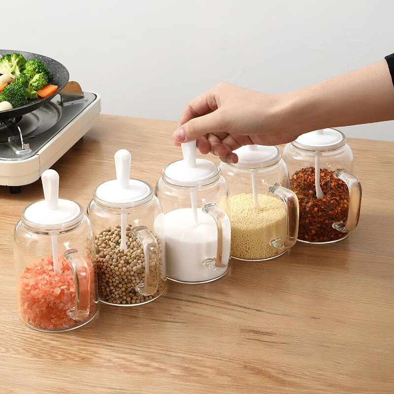 日本高硼硅玻璃调料罐厨房调料盒勺盖一体防潮调料盒调味罐 高硼硅调料*5+硅胶垫*5