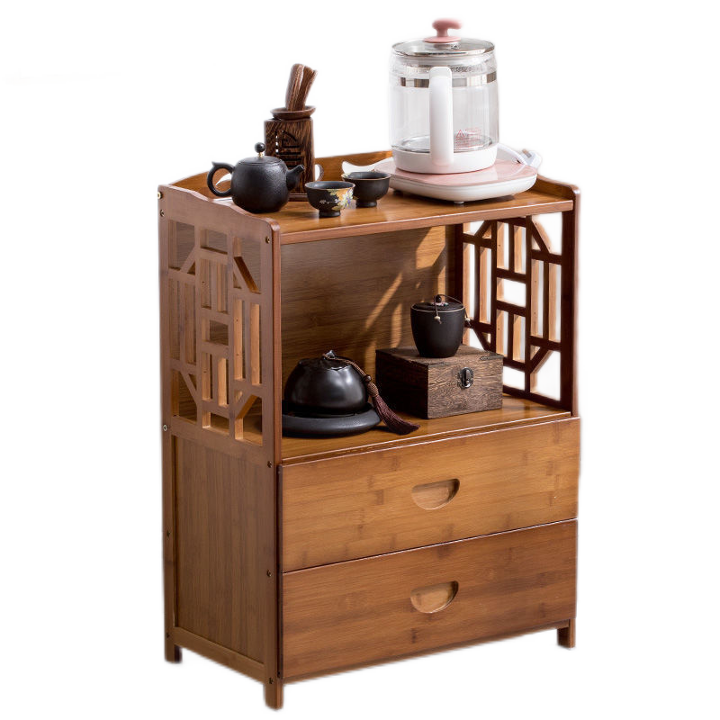 煕沐瞳 茶水柜置物架楠竹茶叶柜茶具收纳储物架烧水泡茶架茶台茶柜架 茶色窗花双抽二层42