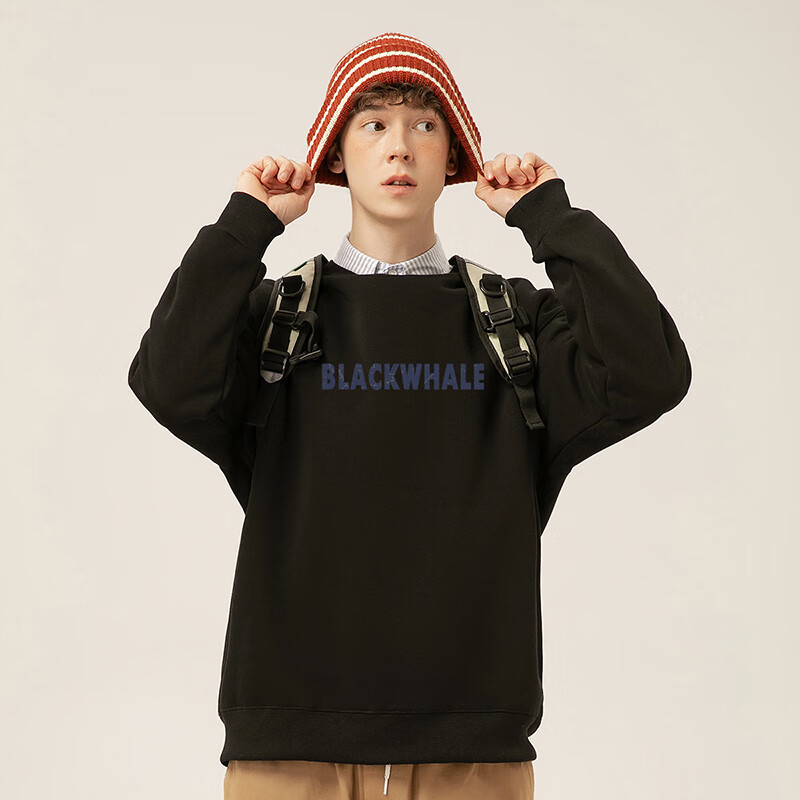 黑鲸海澜之家旗下潮牌卫衣秋冬季百搭圆领加绒加厚打底衫男 黑色 2XL