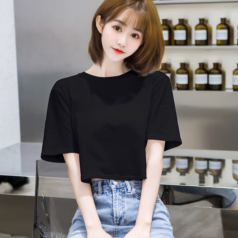 艾诗甜女生短袖黑色宽松圆领露肚脐短袖t恤女2021夏季新款高腰短款